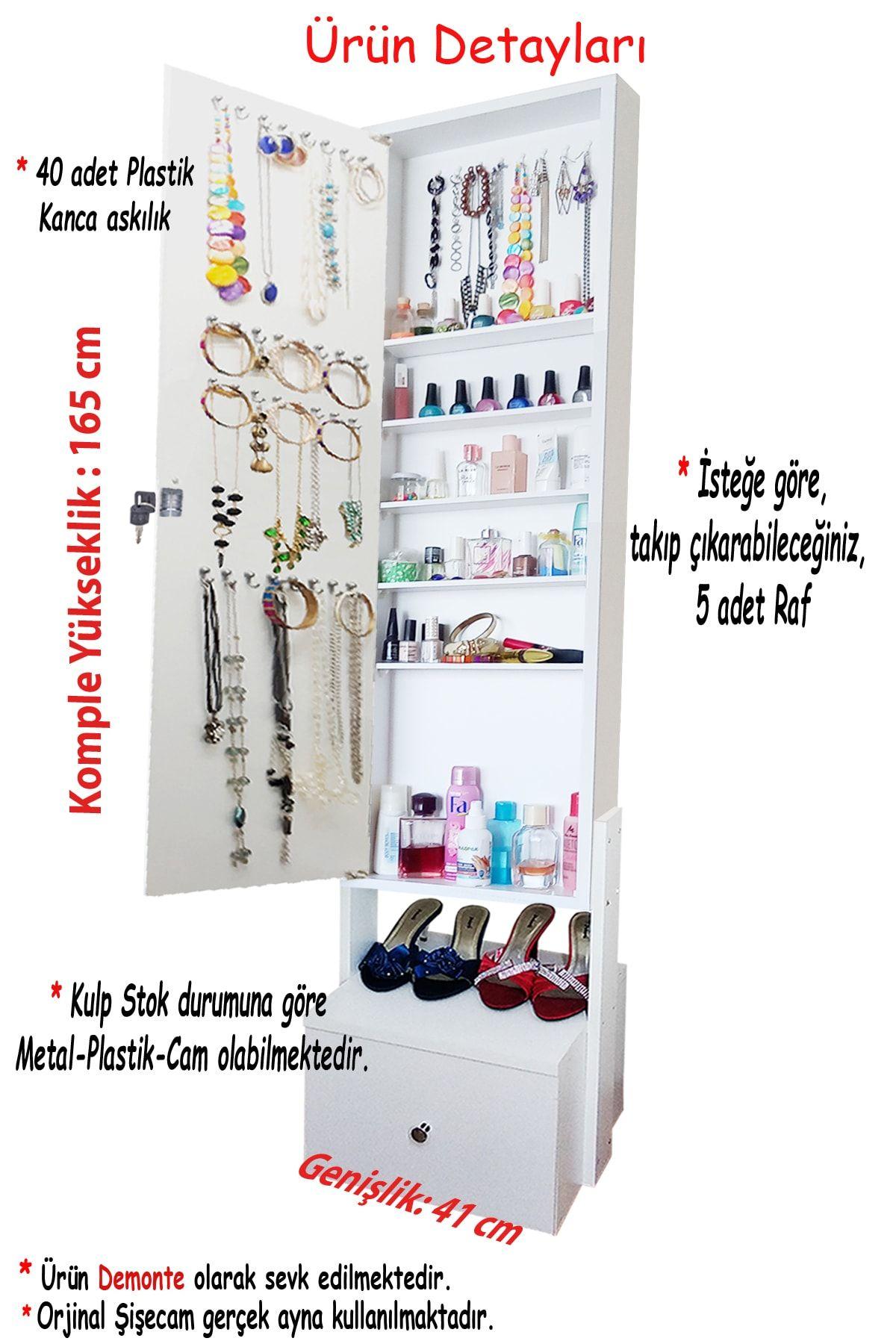 First Mobilya - Yıldız - Kilitli - Demonte - Çekmeceli - Aynalı - Hediyelik Çok Amaçlı Takı Dolabı - Beyaz