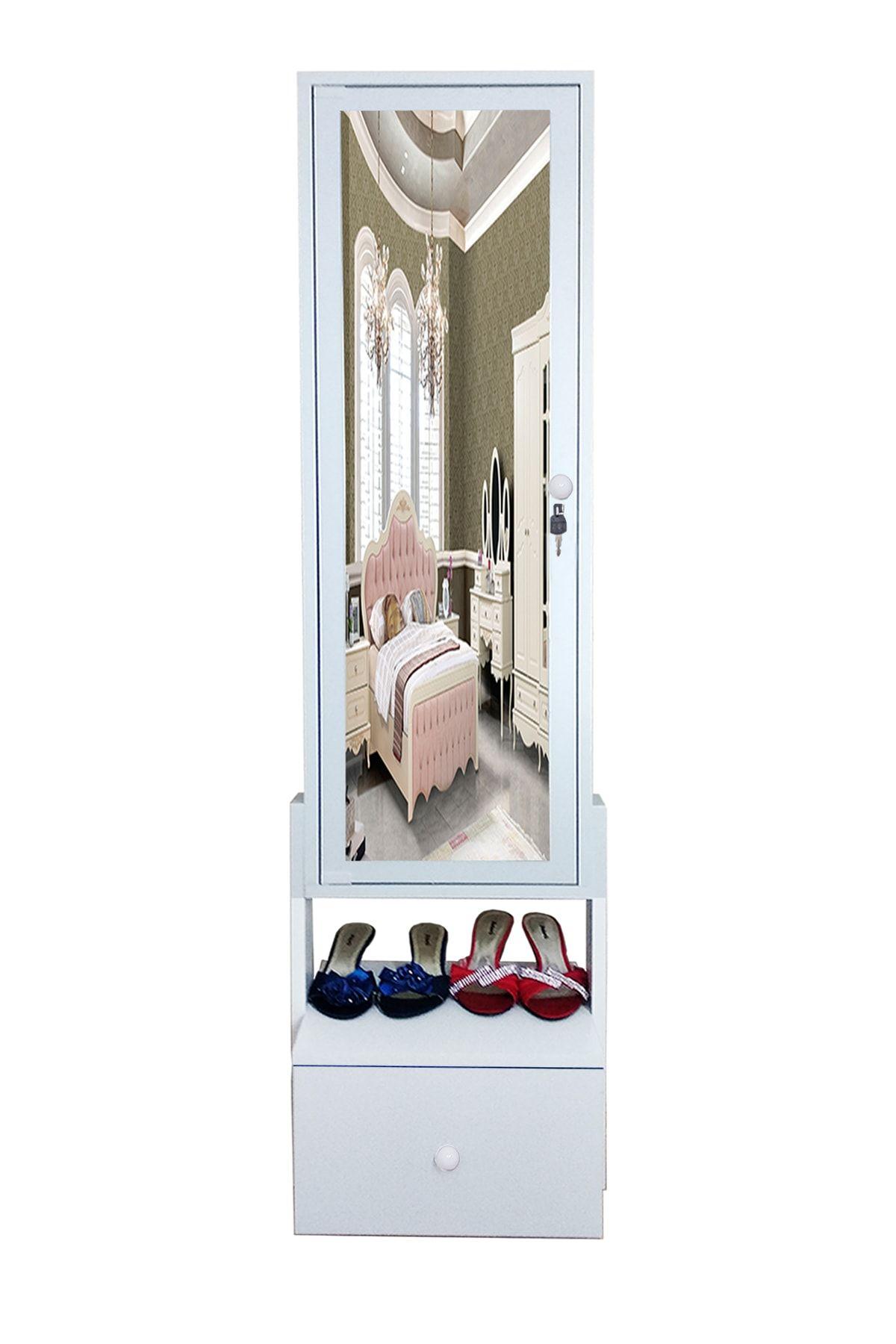 First Mobilya - Yıldız - Kilitli - Demonte - Çekmeceli - Aynalı - Hediyelik Çok Amaçlı Takı Dolabı - Beyaz