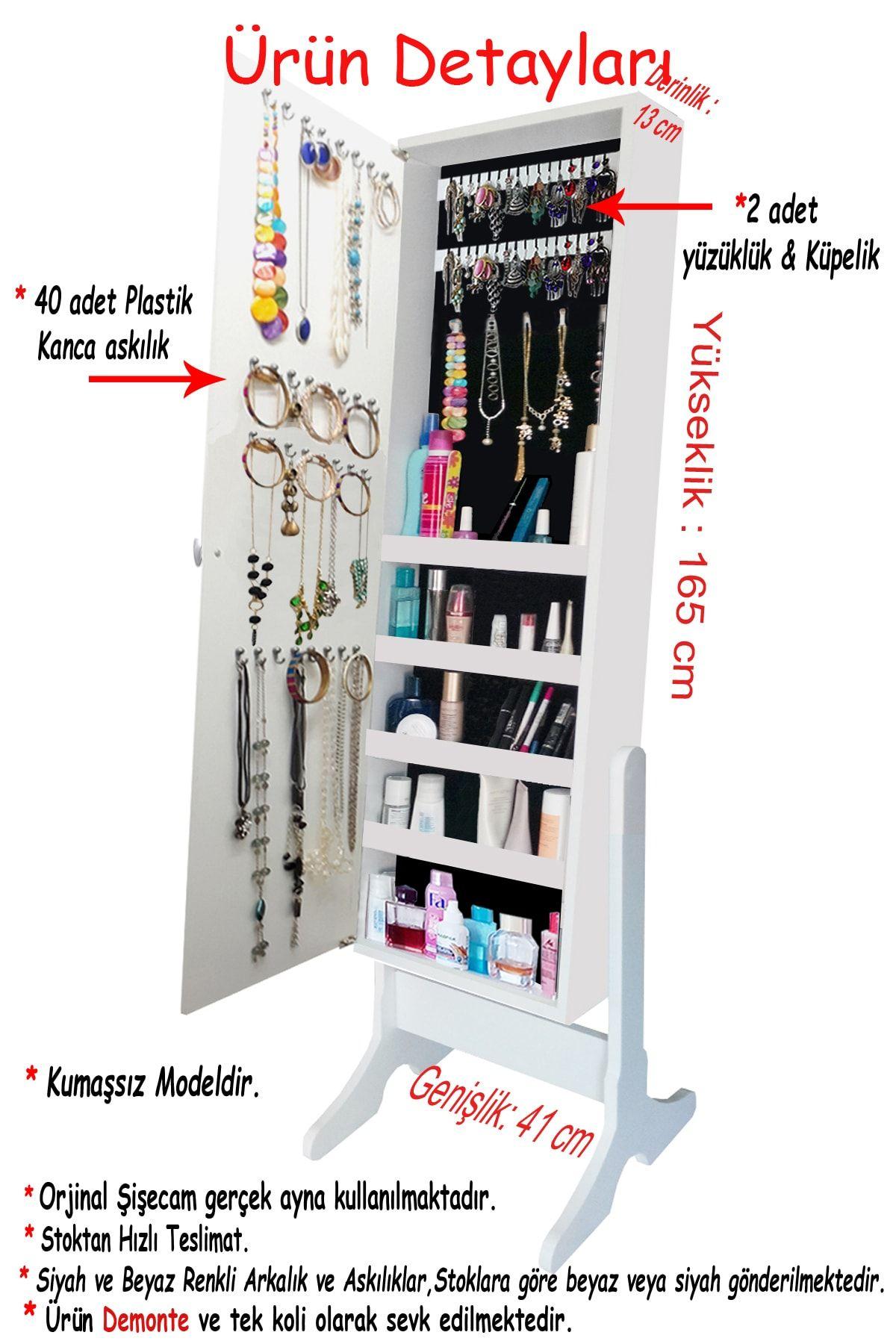 Number One - Demonte - Çok Amaçlı - Ayaklı - Aynalı Hediyelik Çok Amaçlı Takı Dolabı - Beyaz